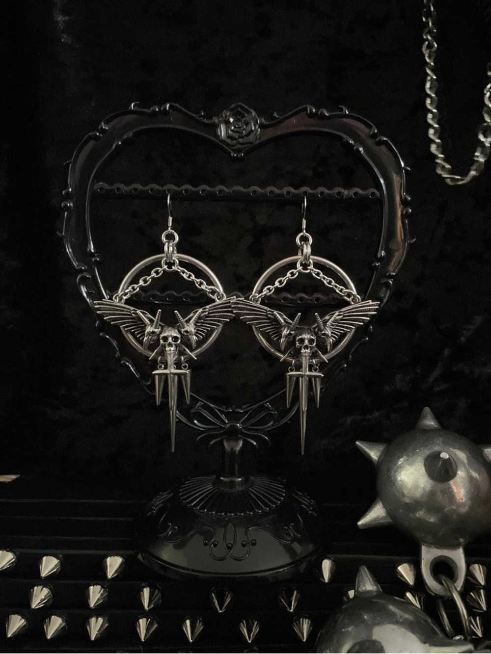 Heart of Steel Stainless Steel Spiked Gism Goth Hoop Chain Earrings